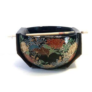 Core Kitchen 26 Oz Black Floral Ceramic Ramen Noodle Soup Bowl with Chopsticks